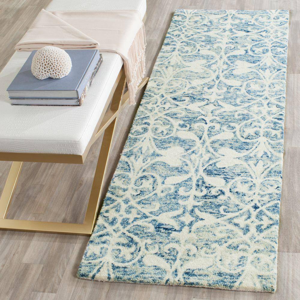 Ivory and Dark Blue Hand-Tufted Wool Runner Rug, 2'-3" x 7'