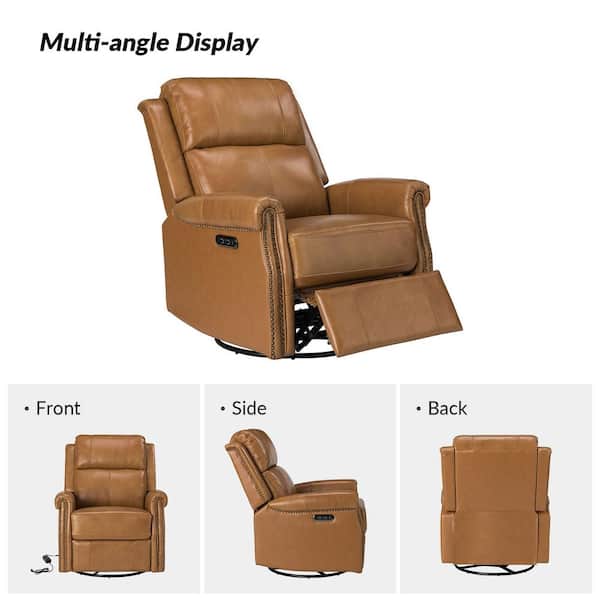 Jayden Creation Joseph Brown Genuine Leather Swivel Rocking Manual Recliner with Straight Tufted Back Cushion and Curved Mood Arms