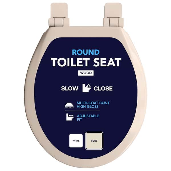 Round Slow-Close Toilet Seat with Adjustable Hinges in Bone Molded Wood, Standard Size Fit