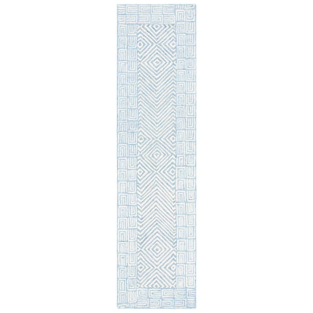 Light Blue and Ivory Wool Geometric Runner Rug