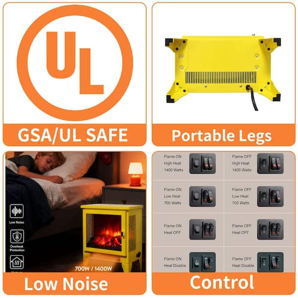14 in. Freestanding Fireplace Heater 400 sq. ft. Electric Stove,1400W/700W Heat,3D Flame Effect,Safety Protection,Yellow
