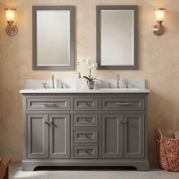 Thompson 54 in. Double Sink Freestanding Bathroom Vanity in Gray with Carrara White Engineered Stone Top