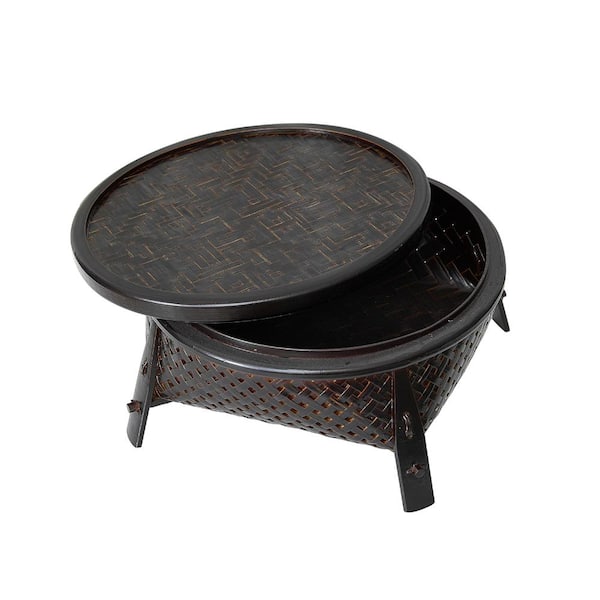 Vintage Round Black Woven Bamboo Storage Basket with Lid for Kitchen Snack Fruit and Tea Set