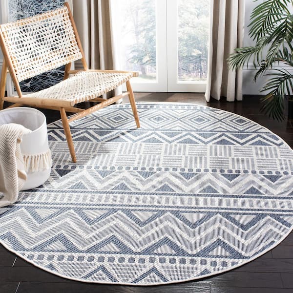 Bermuda Cream/Navy 5 ft. x 5 ft. Round Machine Washable Geometric Striped Indoor/Outdoor Area Rug