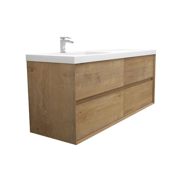 Kingdee 59 in. W x 20 in. D x 26 in. H Single Sink Floating Bath Vanity in Teak Oak with White Acrylic Top