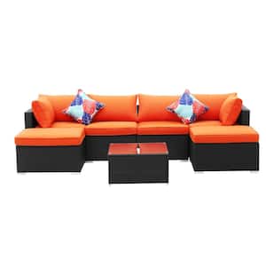 7-Piece Rattan Patio Conversation Set with Orange Cushions