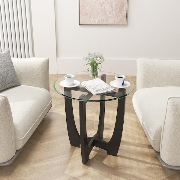 Bunpeony 23.5 Inch Round End Side Table with Tempered Glass