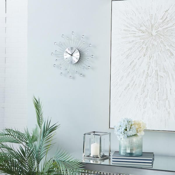 15 in. x 15 in. Silver Metal Starburst Wall Clock with Crystal Accents