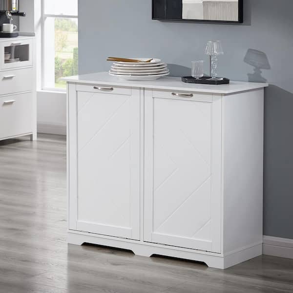 VECELO Kitchen Trash Bin Cabinet White MDF 14.96 in. Sideboard Dog Proof Garbage Can with 2 Wood Holders and Air Purification