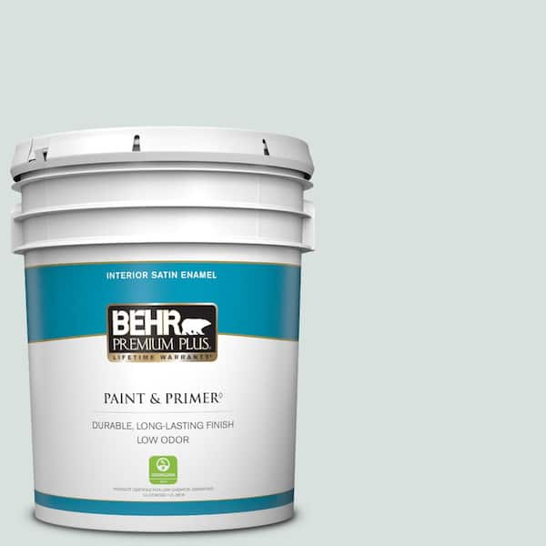 BEHR PREMIUM PLUS 5 gal. #490E-2 Delicate Mist Satin Enamel Low Odor Interior Paint & Primer