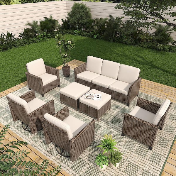 INMITOM 7-Piece Wicker Patio Conversation Set with 3-Seater Sofa, 4-Lounge Chairs, 2-Ottomans, and Beige Cushions