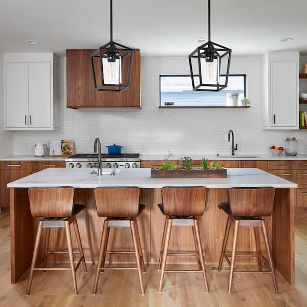 1-Light Matte Black Farmhouse Cage Pendant Light with Clear Cylinder Glass Shade for Dining Room and Kitchen Island