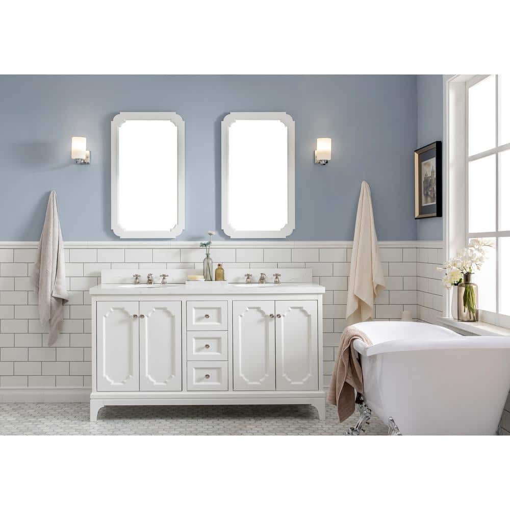 Queen 60" Pure White Double Bathroom Vanity Set with Mirror