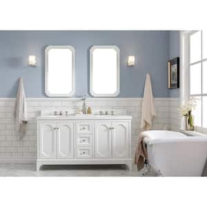 Queen 60 in. Pure White With Quartz Carrara Vanity Top With Ceramics White Basins and Mirror