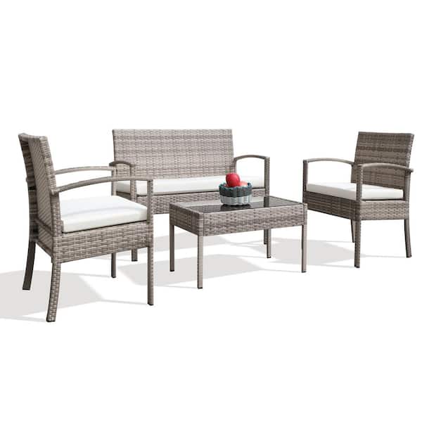 Anvil Outdoor 4-Piece Gray Wicker Patio Conversation Sectional Seating Set, Table with Tempered Glass Top and Beige Cushion