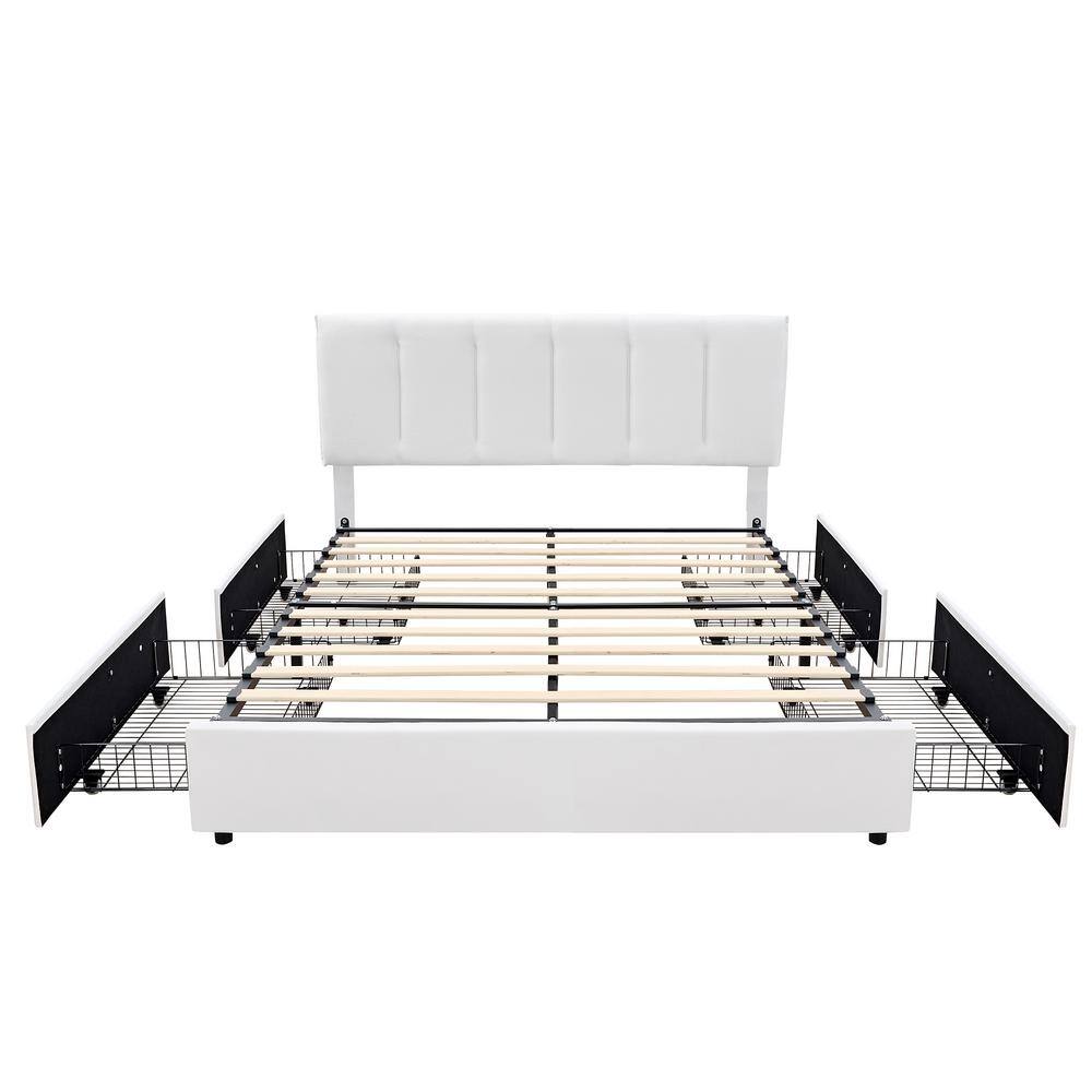 Upholstered Bed Frame White Queen Metal Frame With 4-Storage Drawers and Adjustable Headboard Platform Bed Frame