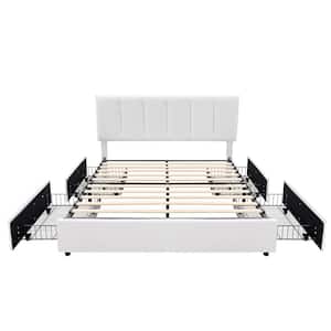 Upholstered Bed Frame White Queen Metal Frame With 4-Storage Drawers and Adjustable Headboard Platform Bed Frame