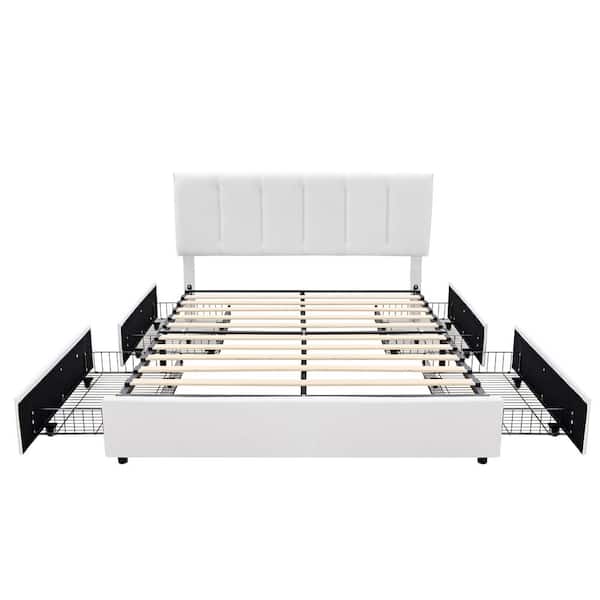 VECELO Upholstered Bed Frame White Queen Metal Frame With 4-Storage Drawers and Adjustable Headboard Platform Bed Frame