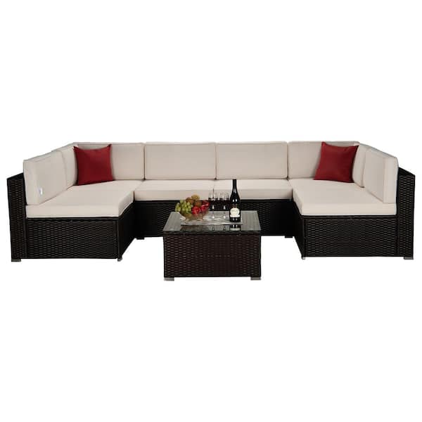 Unbranded Brown Wicker 7-Piece Modular Outdoor Sectional Patio Furniture Conversation Sofa Set w/Beige Cushion