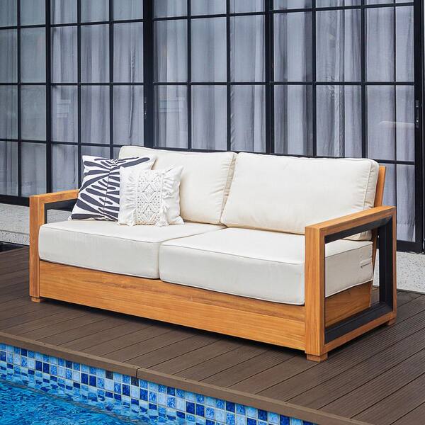 Brentwood Teak Wood Outdoor Loveseat with Ivory Cushions