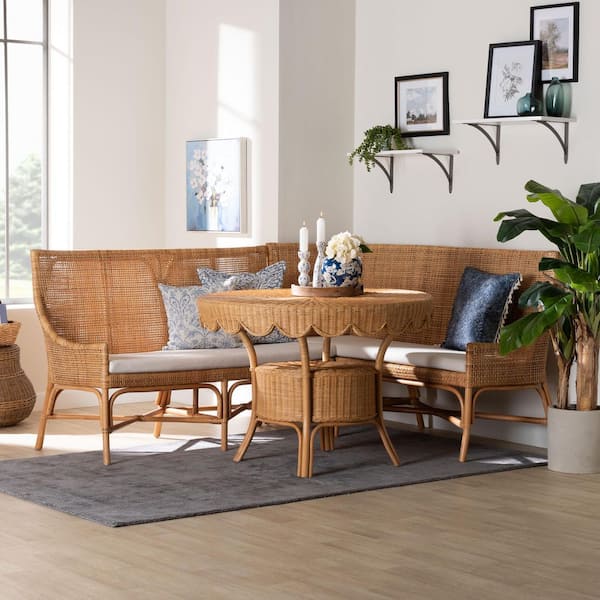 Olivera Light Honey Rattan 3-Piece Dining Nook Set