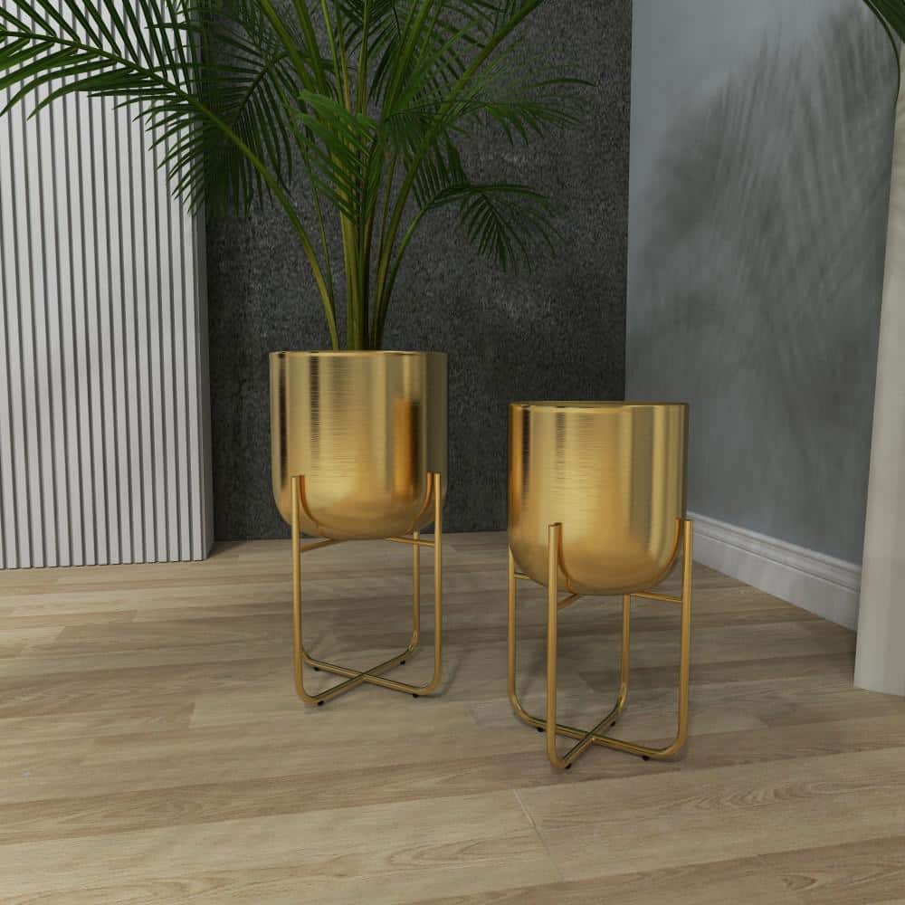 Gold Brushed Dome Metal Planter Set with Stands