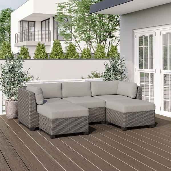 TK CLASSICS Florence 5-Piece Outdoor Wicker Patio Conversation Furniture Set with Beige Cushion