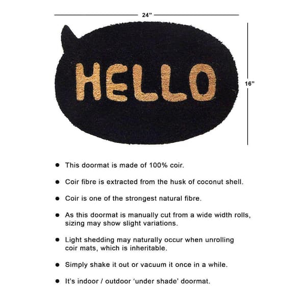 Welcome Hello Shaped Black Natural 16 in. x 24 in. Coir Non-Slip Indoor Outdoor Door Mat