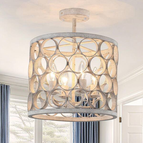 PAKOKULA Farmhouse 13.4 in. 4-Light Distressed White Cage Semi