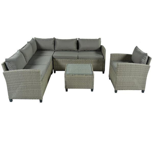 Tunearary Gray 5-Piece Wicker Patio Conversation Set with Gray Cushion and Single Chair