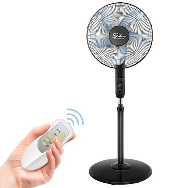 EPOWP Oscillating 16 in. 3-Fan Speeds Standing Pedistal Fan in Black with High Velocity, Adjustable Height, Remote Control