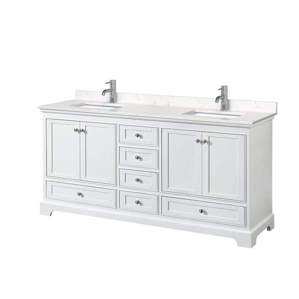 Wyndham Collection Deborah 72in.Wx22 in.D Double Vanity in White with Cultured Marble Vanity Top in Light-Vein Carrara with White Basins