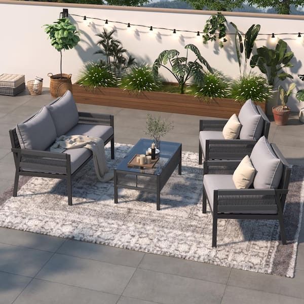 Harper & Bright Designs 4-Piece Light Brown Metal and Woven Rope Patio Conversation Set with Tempered Glass Table and Gray Cushions