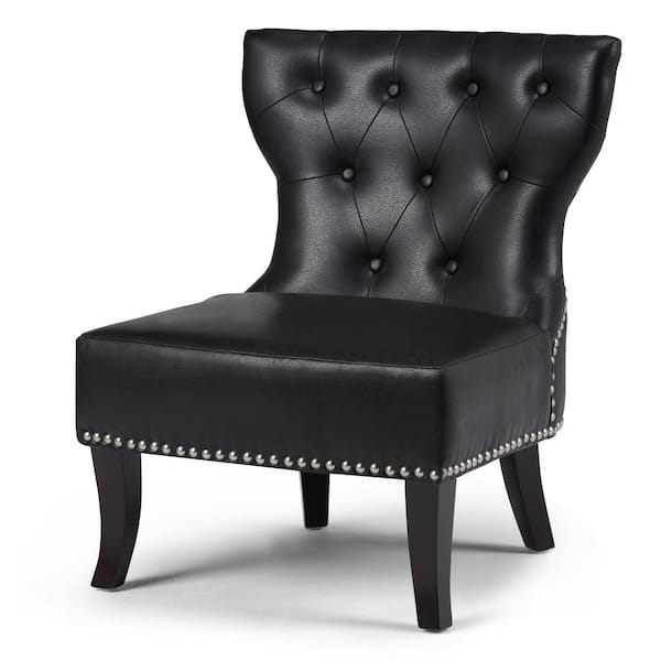 Simpli Home Kitchener Traditional 28 in. Wide Accent Slipper Chair in Black Textured Bonded Leather