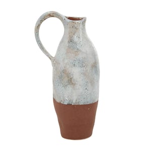 14 in. White Handmade Ceramic Decorative Vase with Terracotta Accents