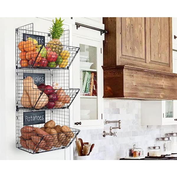 Black Iron 3-Shelves Wall Mount Pantry Organizer Basket for Kitchen Hanging Baskets