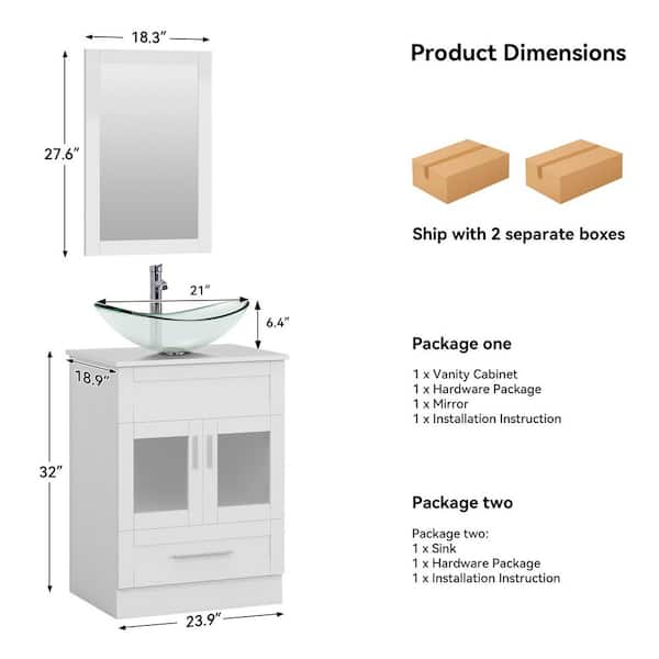 24 in. W x 19 in. D x 33 in. H Single Sink White Bath Vanity with Silver Solid Surface Top Sink and Mirror