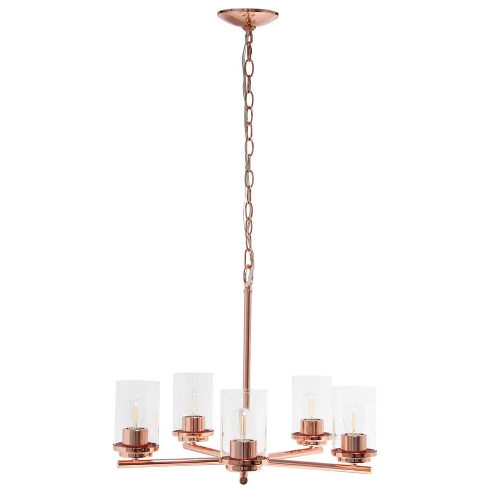 Elegant Designs 20.5 in. 5-Light Rose Gold Traditional Vintage Modern Industrial Metal and Clear Glass Hanging Pendant Light