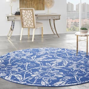 Whimsicle Navy 8 ft. x 8 ft. Floral Contemporary Round Area Rug
