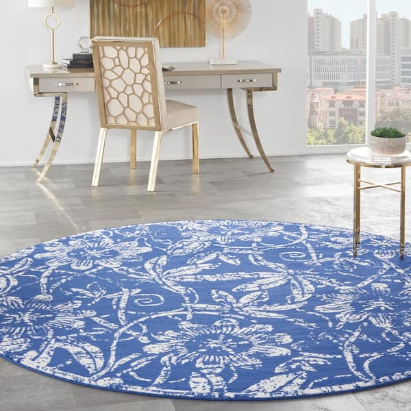 Whimsicle Navy 8 ft. x 8 ft. Floral Contemporary Round Area Rug