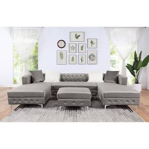 Persi 126.5 in. W Square Arm 5-Piece Fabric Sectional in Gray with Ottoman