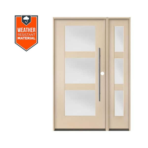 Krosswood Doors Modern Faux Pivot 50 in. x 79 in. 3-Lite Left-Hand/Inswing Satin Glass Unfinished Fiberglass Prehung Front Door with RSL