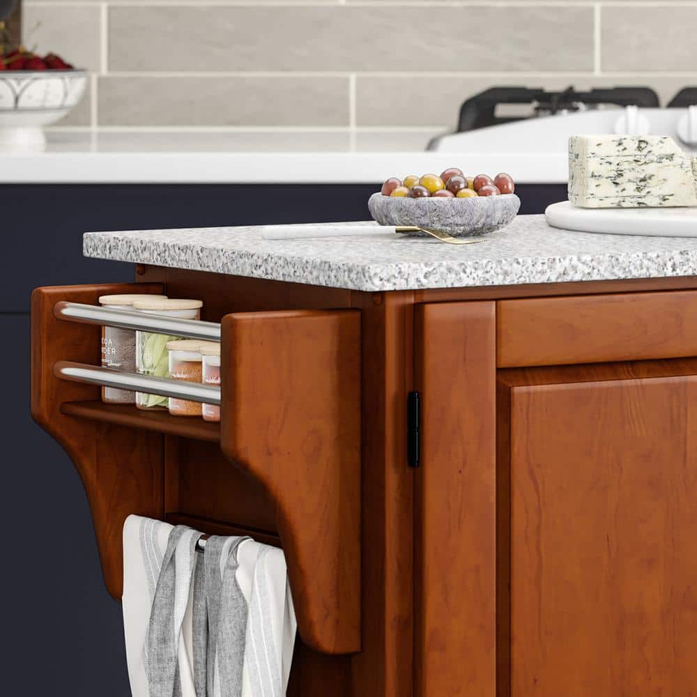 Medium Cherry and Salt Pepper Granite 48" Kitchen Cart with Spice Rack