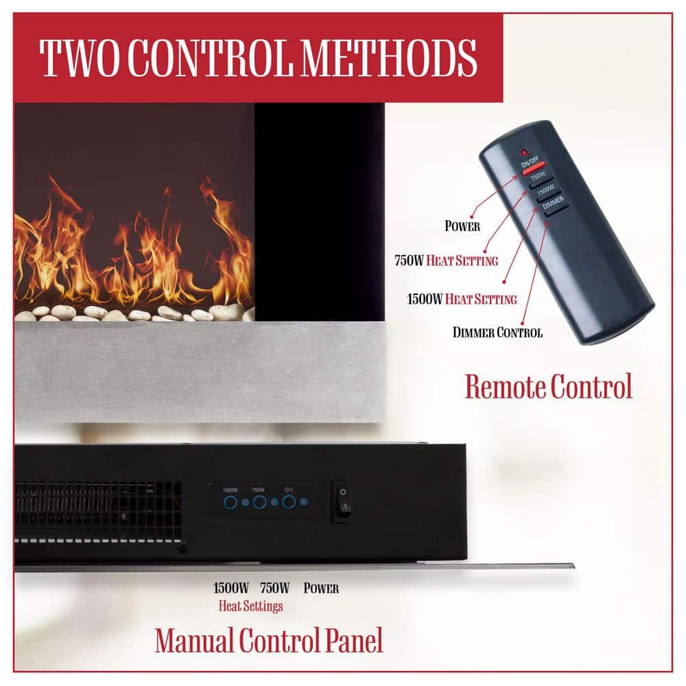 36-Inch Stainless Steel Wall-Mount Electric Fireplace with Remote