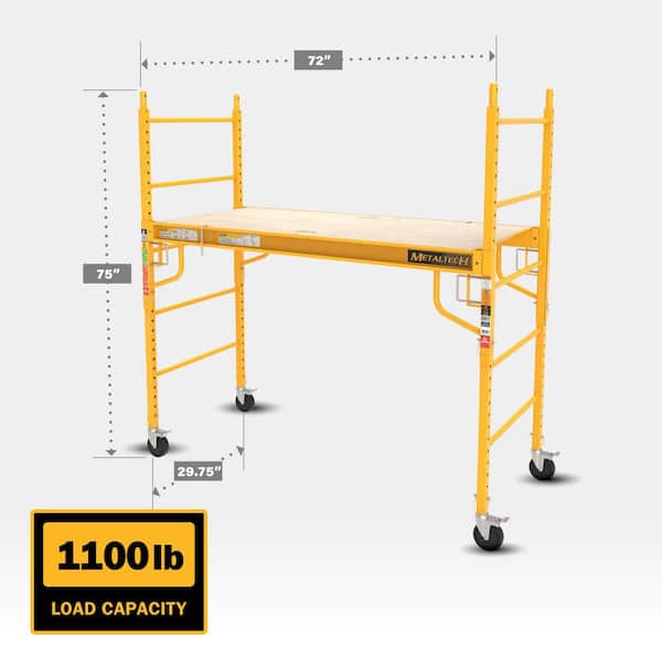 MetalTech - Jobsite 6 ft. Baker Style Rolling Scaffold Platform, 1100 lbs. Load Capacity, Steel, 6 ft. W x 6.25 ft. H x 2.5 ft. D