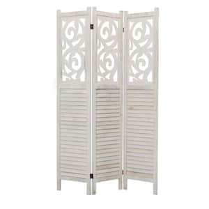 67 In. Washed White 3 Panels Paulownia Wood Divider Screen with Ornate Scrolled Shutter Design