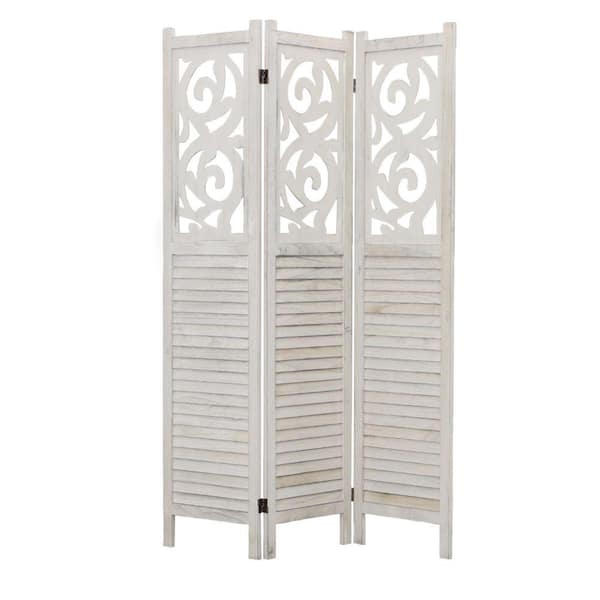 THE URBAN PORT 67 In. Washed White 3 Panels Paulownia Wood Divider ...