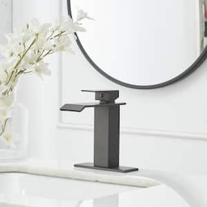 Waterfall Single Hole Single-Handle Low-Arc Bathroom Faucet With Supply Line in Matte Gray