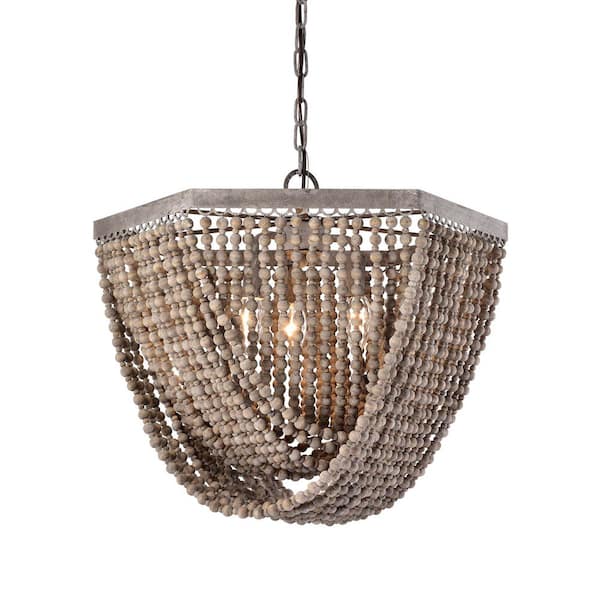 3-Light Slate Wood Finish Bowl Style Chandelier with Wooden Beads