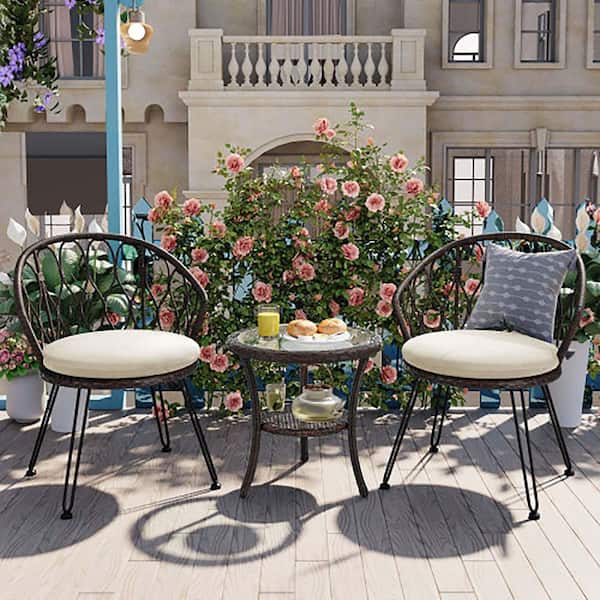 Unbranded 3-Piece Wicker Outdoor Serving Bar Set with Beige Cushion, Patio Conversation Furniture with Tempered Glass Side Table